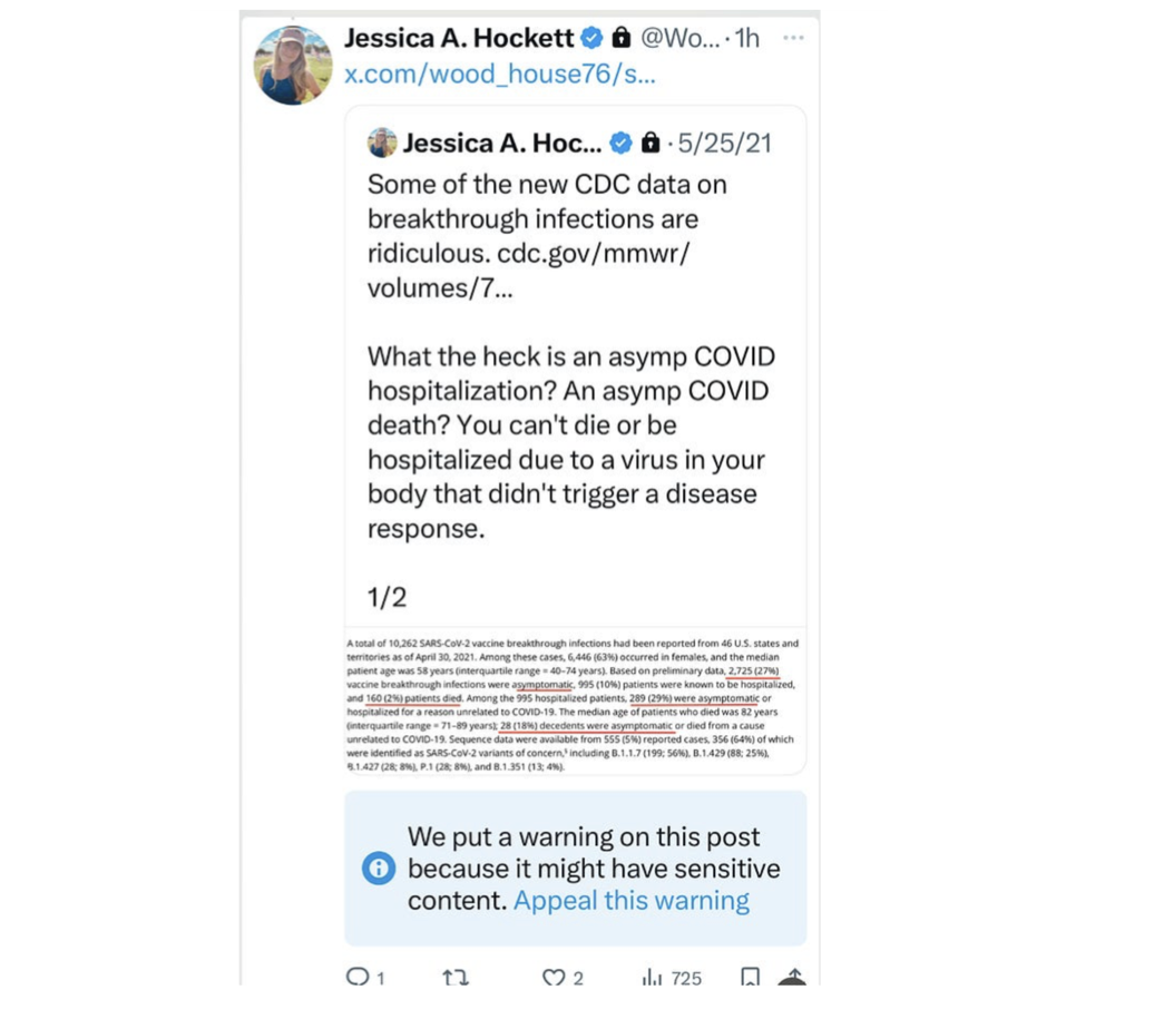 My post about “breakthrough” infections was labeled “sensitive” media this morning on Twitter/X