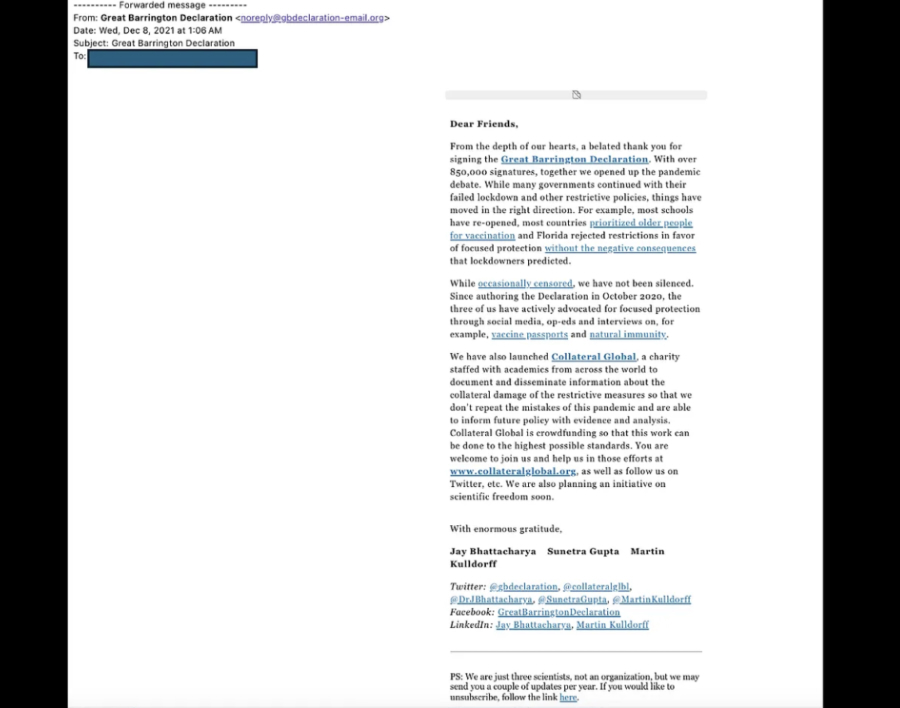 Great Barrington Declaration confirmation email sent and received more than a year after signing