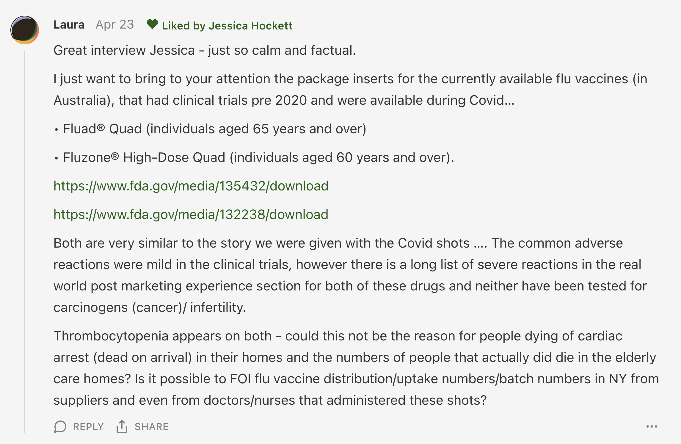Laura’s comment on thrombocytopenia resulting from flu shot