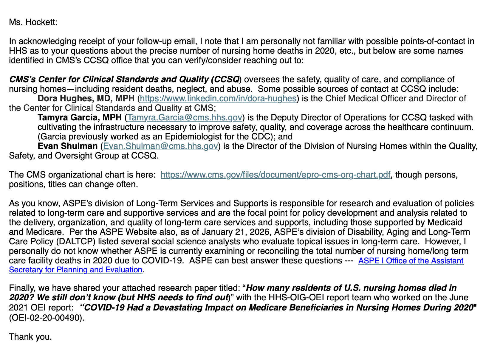 Response received from HHS-OIG-OEI regarding my analysis of June 2021 report on nursing home deaths and request for additional contacts [UPDATED 9 March 2026]