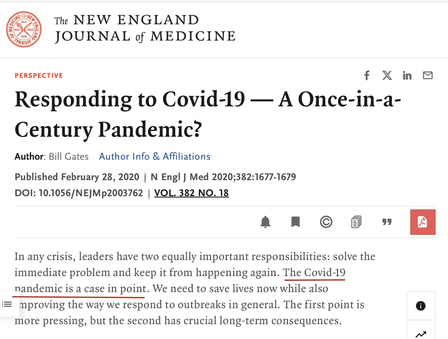 Bill Gates’ Anachronistic Use of “Covid-19 Pandemic” on February 28, 2020 in the New England Journal of Medicine