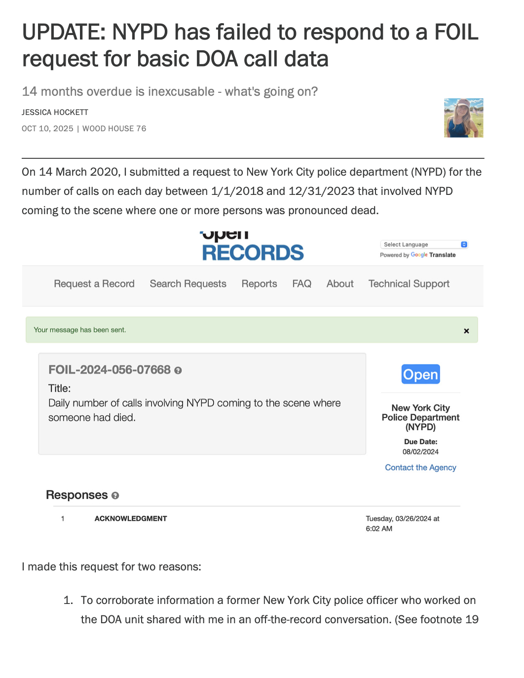 UPDATE: NYPD has failed to respond to a FOIL request for basic DOA call data