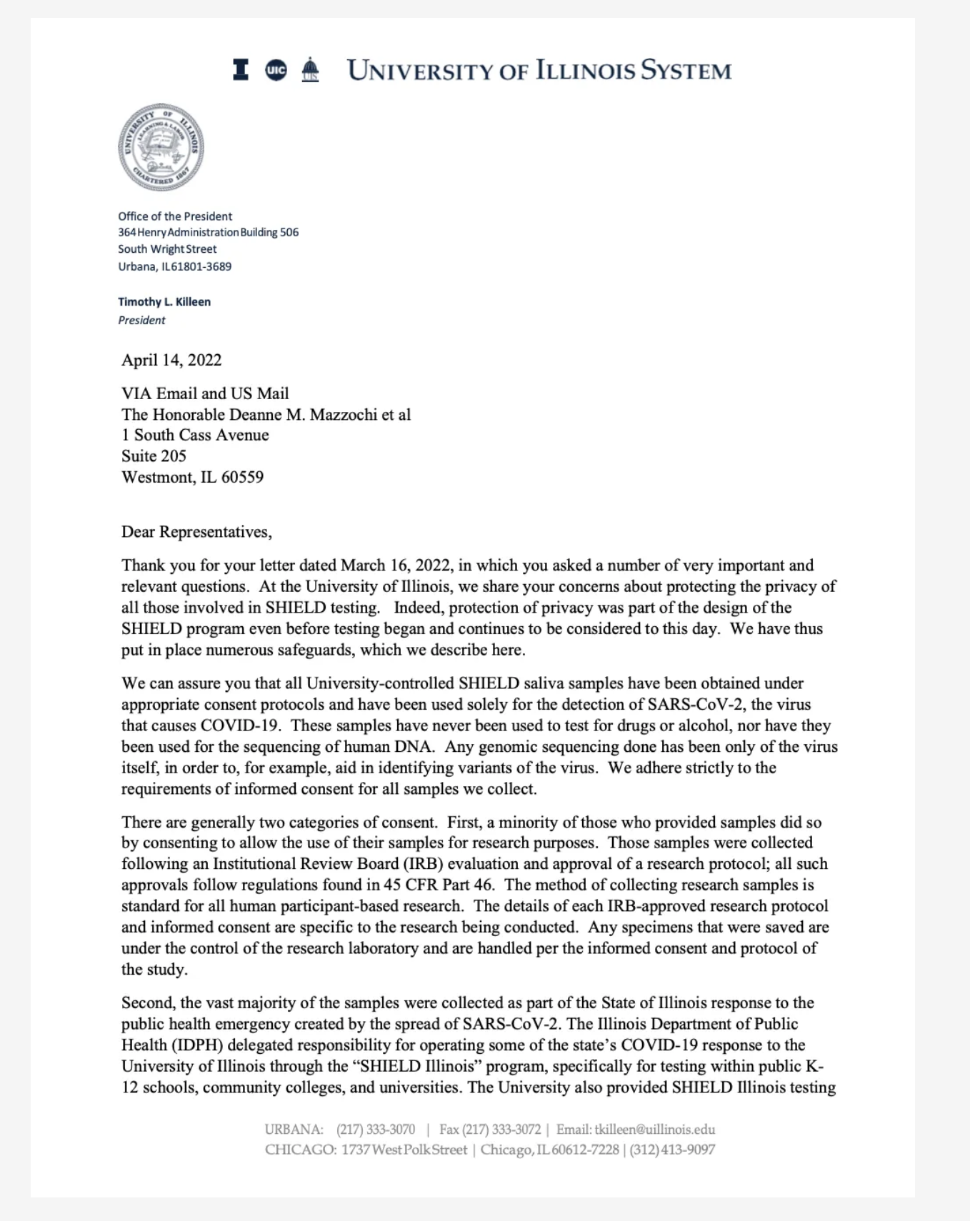 Letter: U of I President Tim Killeen’s Response to Rep. Deanne Mazzochi et al