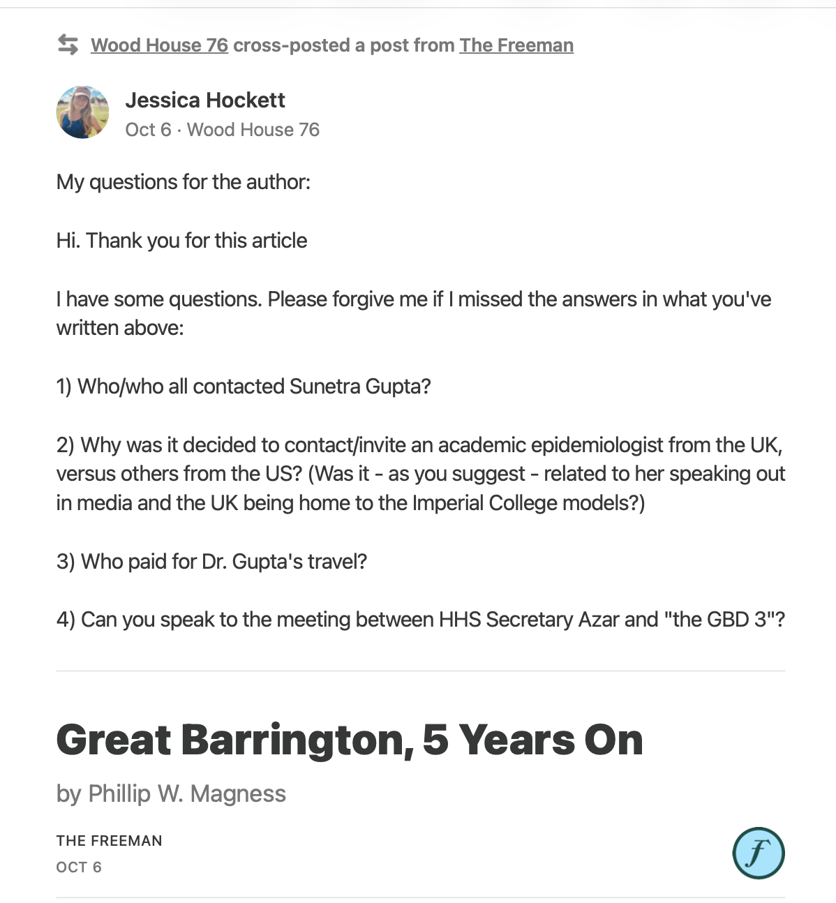 Questions posed in response to “Great Barrington, 5 Years On” by Phillip W. Magness