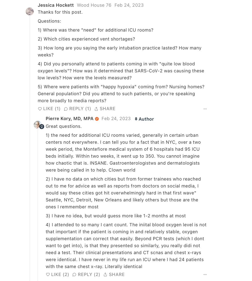 Dialogue between Pierre Kory and Jessica Hockett in the comments of “The Premature Use of Mechanical Ventilation” on 24-25 February 2023 [Archival]