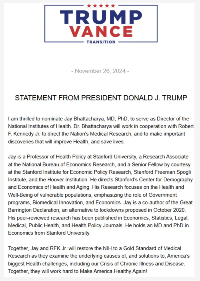 I Oppose Jay Bhattacharya’s Nomination as NIH Director