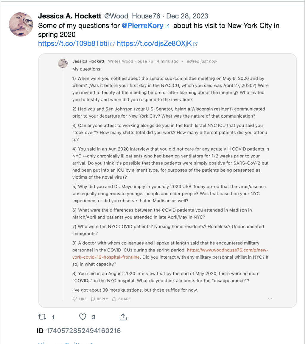 Jessica Hockett’s questions for Pierre Kory posted in comments for Charles Wright’s “Questions for Pierre Kory on COVID Ventilator Deaths” on 28 December 2023 [Archival]