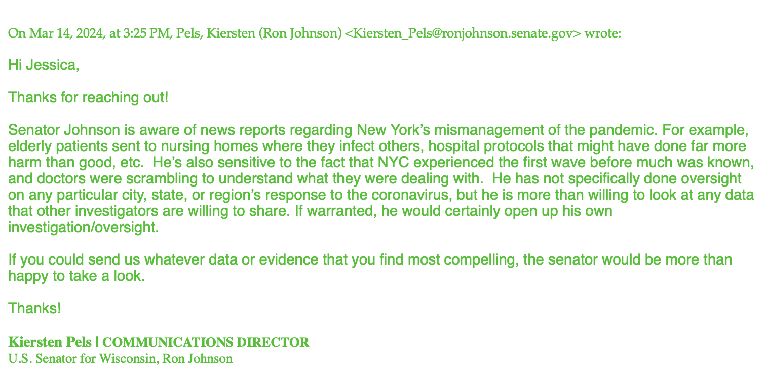 FOLLOW-UP: Communications with Senator Ron Johnson’s Staff, March 14-15, 2024