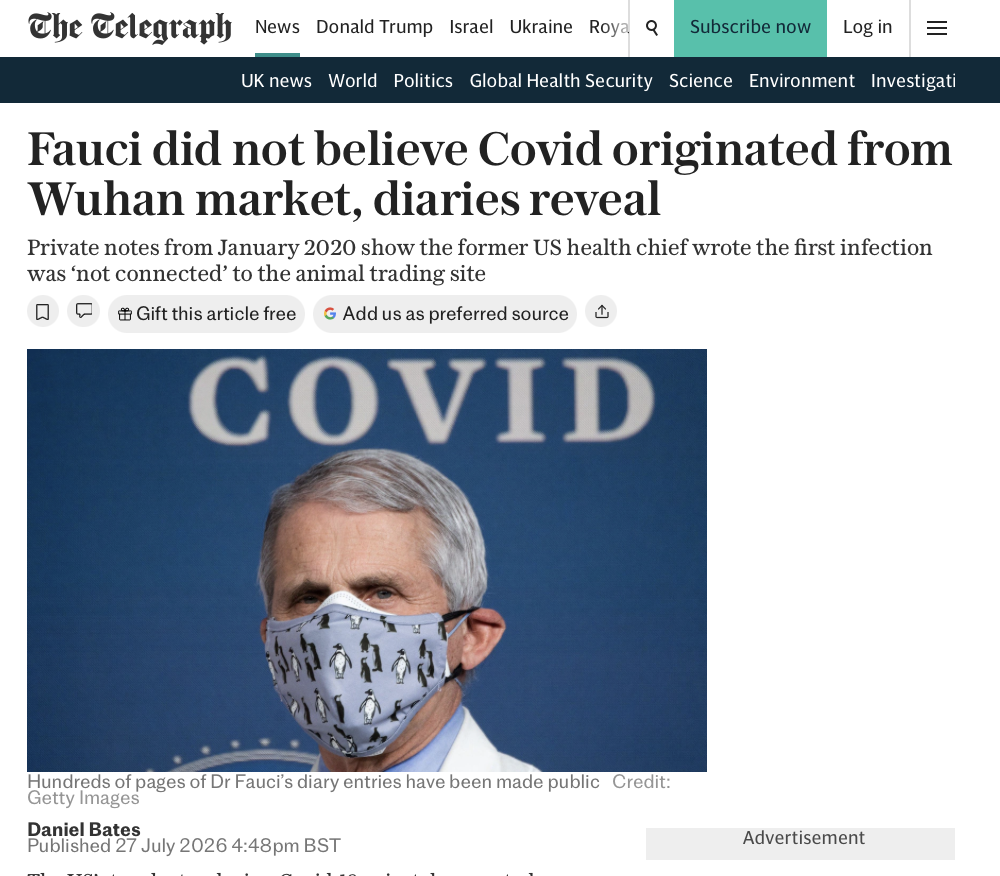 Responses to “Fauci did not believe Covid originated from Wuhan market” by Daniel Bates (The Telegraph, 27 July 2026)