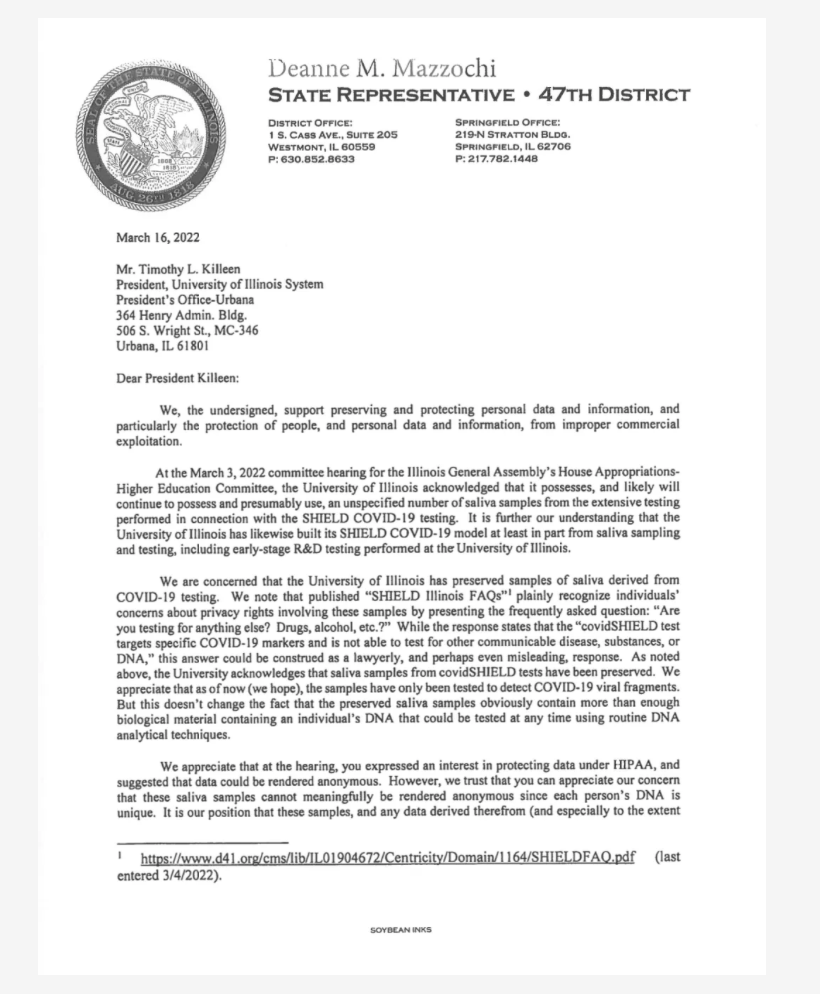 Letter: Deanne Mazzochi & Five Illinois Legislators to U of I President Tim Killeen