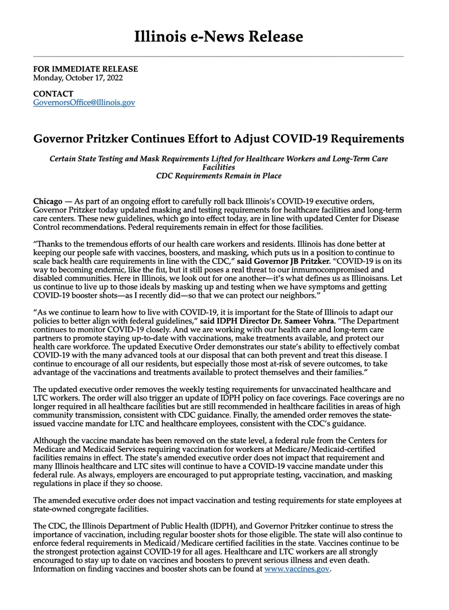 Pritzker Adjusts Pointless Covid Mitigations in Healthcare Facilities; Chicago Requiring Vaccination for Early-Voting Officials
